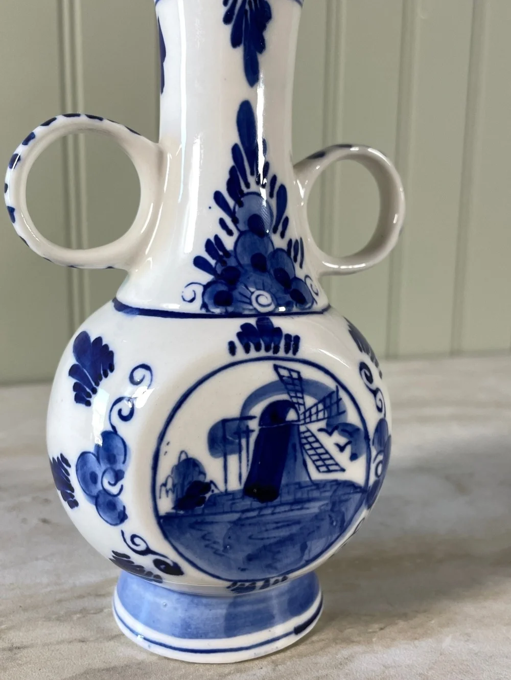 Vintage Holland Delf Double Handled Blue and White Vase